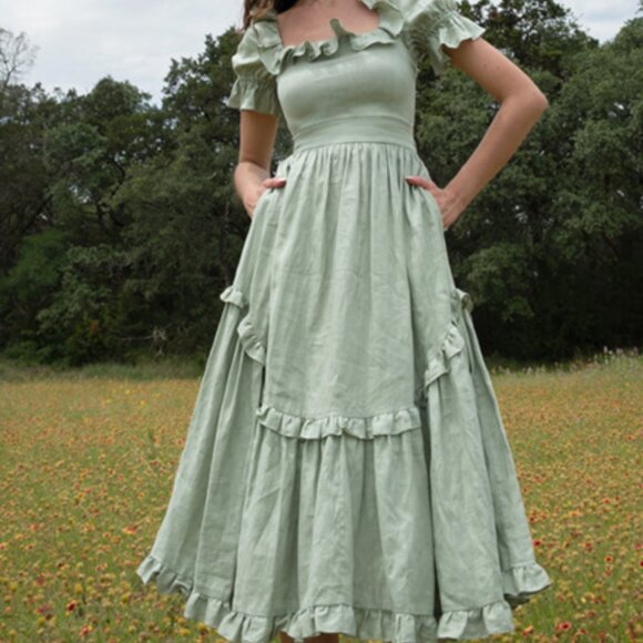 Of Her Own Kind Adeline Dress Sage Linen Small - Picture 1 of 6